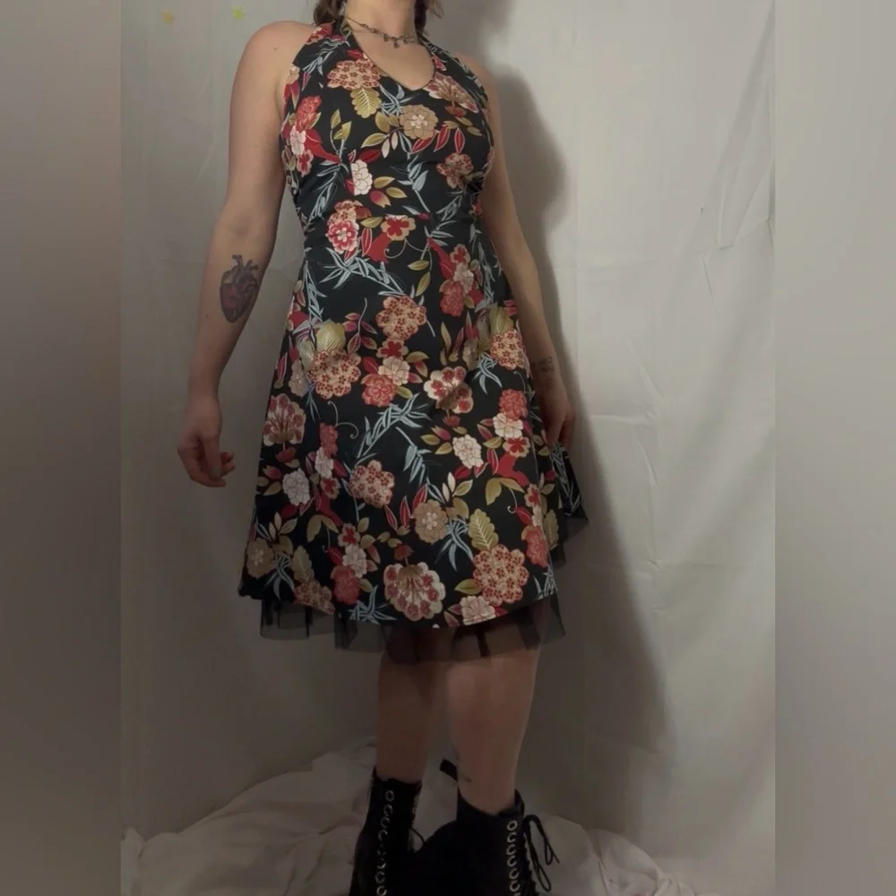 Y2K Black Floral Hawaii Tulle Whimsigoth Fairy Grunge Halter Dress Size M-L - Picture 10 of 16